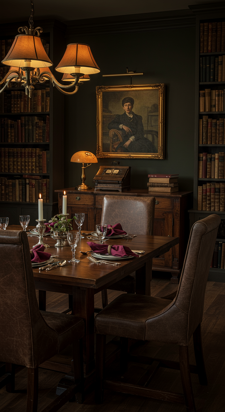Klassisches Esszimmer mit dunklem Holz, Lederstühlen und Bücherregalen