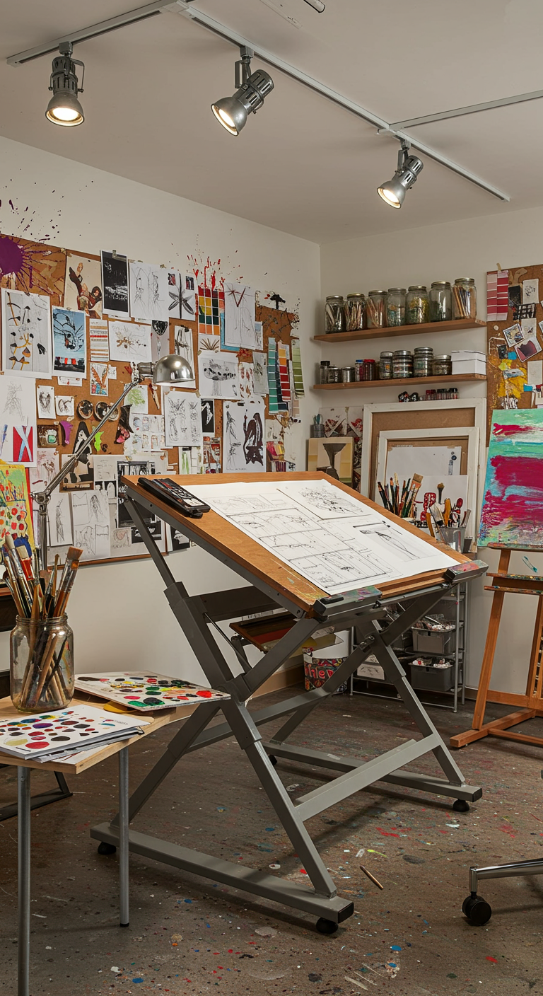 Kreatives Atelier-Home-Office mit Zeichentisch, vielen Materialien und Pinnwänden.