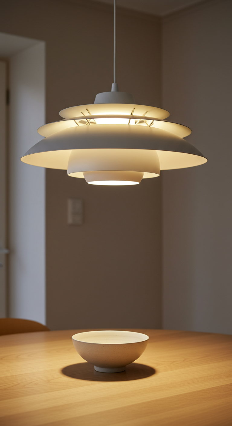Weiße skandinavische Design-Pendelleuchte über einem Holztisch.