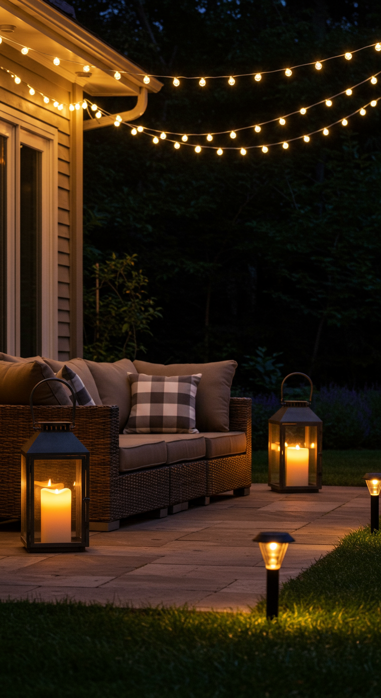 Terrasse bei Nacht mit Lichterkette, großen Laternen und Solarleuchten am Rasenrand.