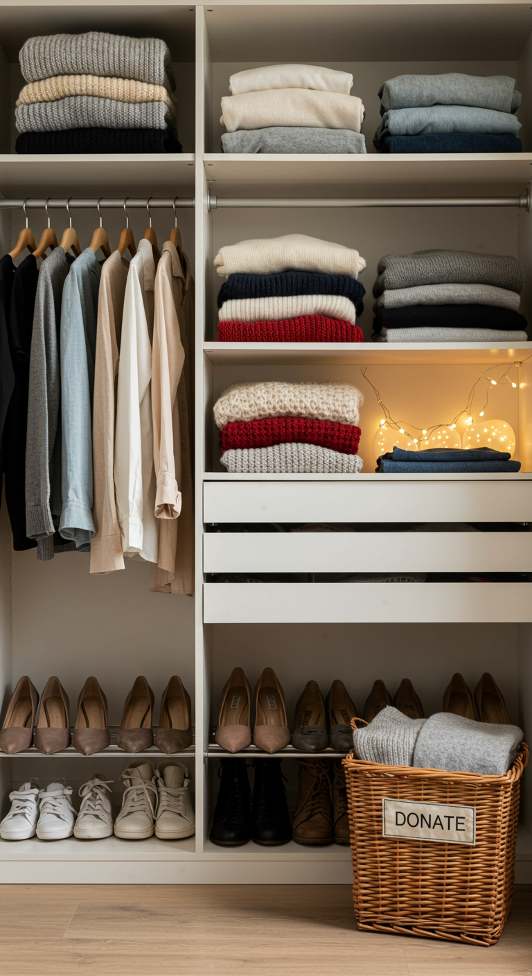 Wenige, übersichtlich angeordnete Putzmittelflaschen und Schwämme in einem Schrank.