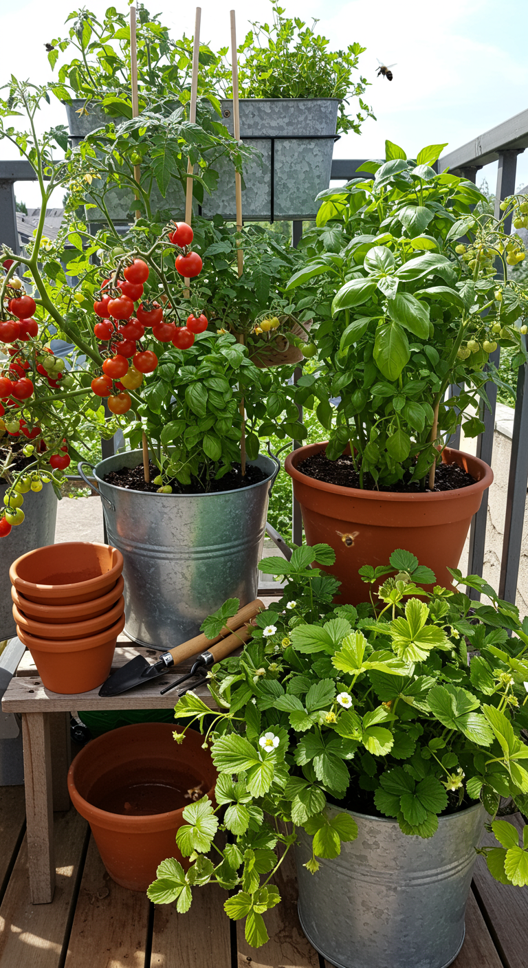Balkon mit Tomaten-, Basilikum- und Erdbeerpflanzen in Töpfen.