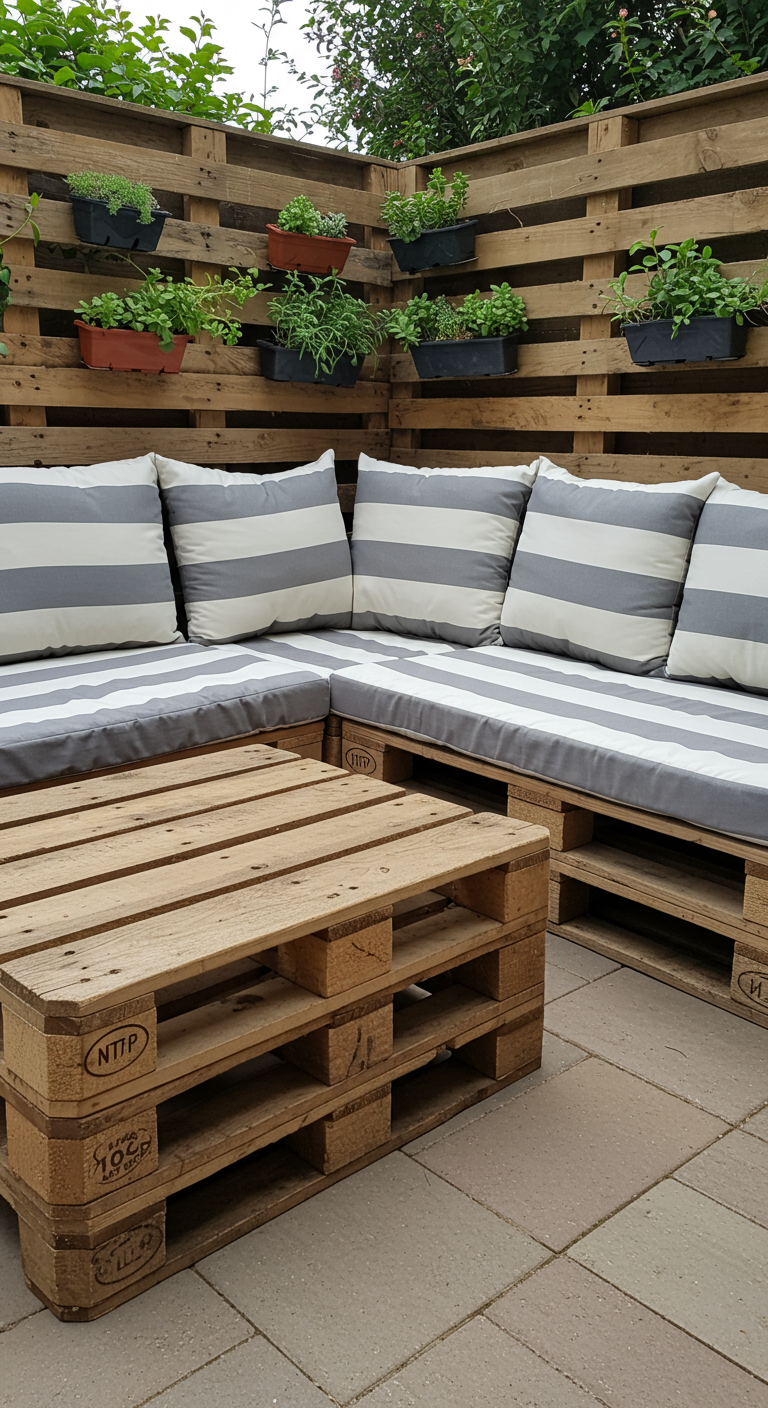 DIY-Loungeecke aus Europaletten mit gestreiften Polstern und Hängetöpfen.