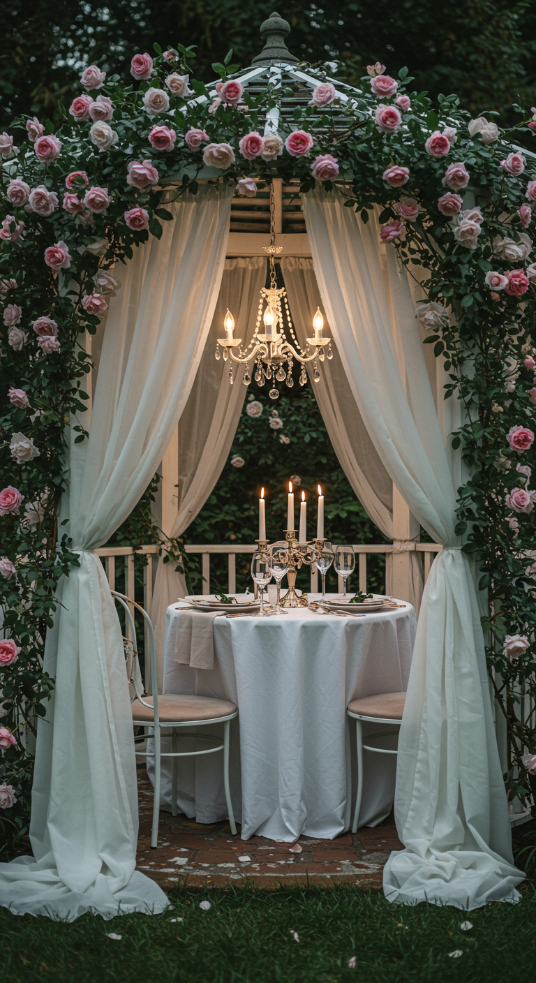Romantisch gedeckter Tisch für zwei in einem mit Rosen und Stoffen geschmückten Gartenpavillon.