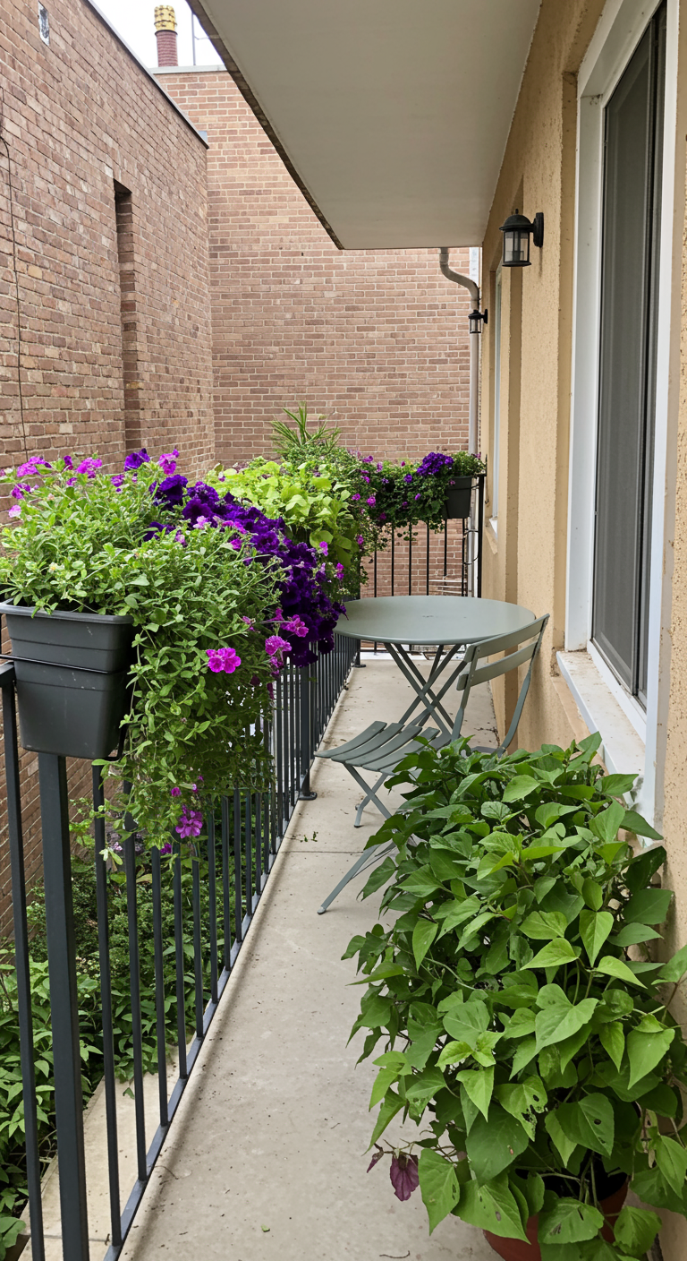 Schmaler Balkon mit Blumenkästen an der Brüstung, kleinem Tisch und Stuhl.