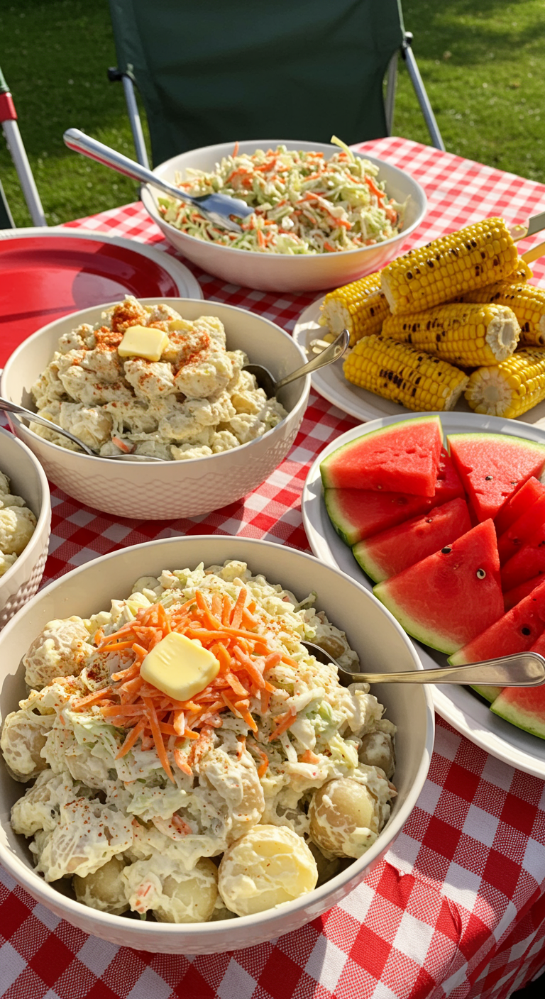 Schüsseln mit Kartoffelsalat, Coleslaw, Maiskolben und Wassermelone.
