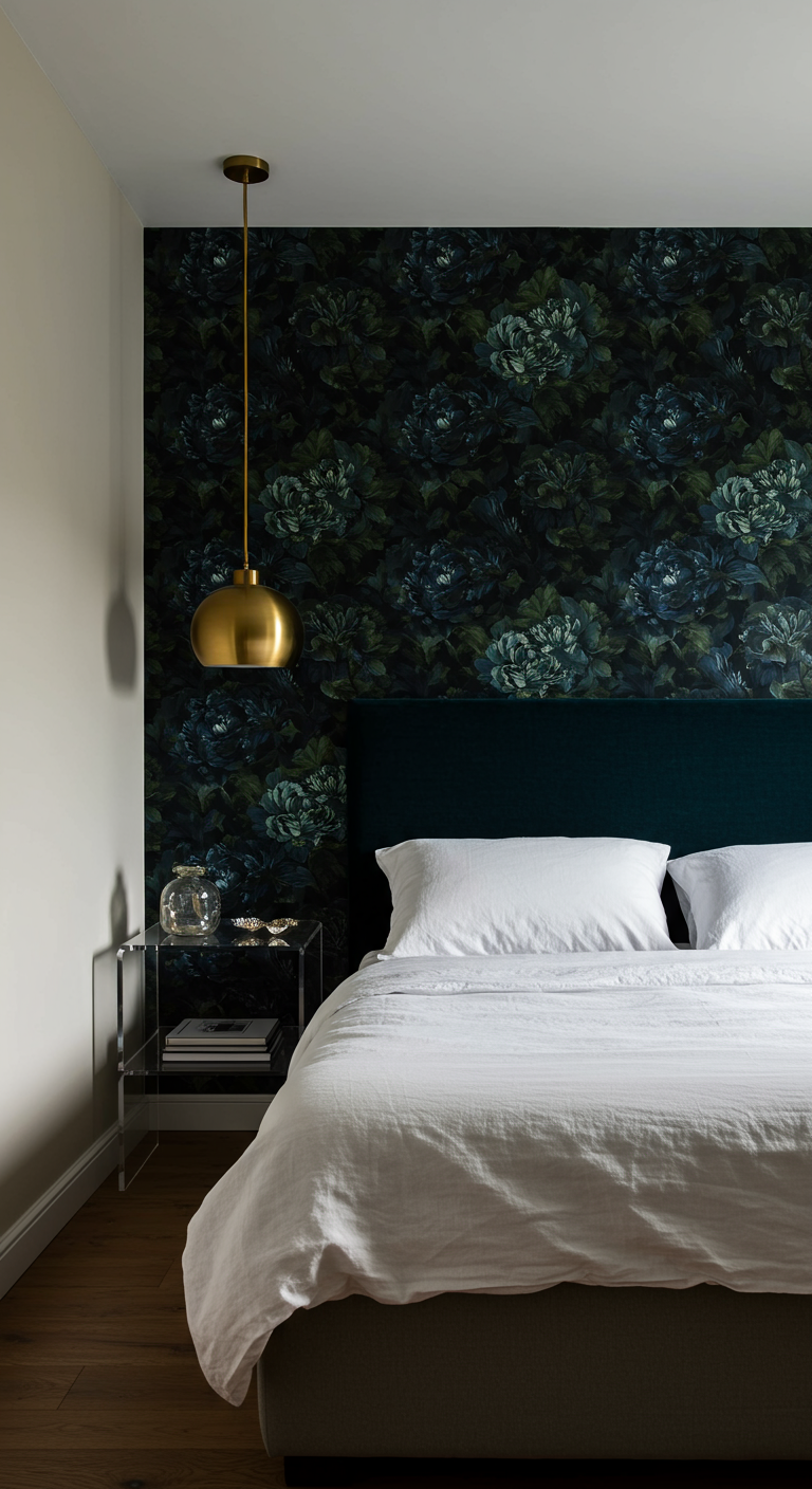 Dunkle florale Akzenttapete hinter einem Bett mit weißer Bettwäsche.