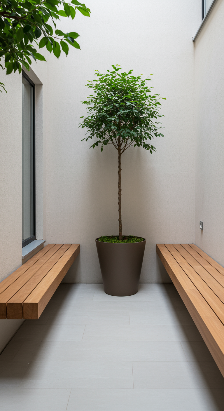 Minimalistischer Innenhof mit Baum im Topf und zwei Holzbänken