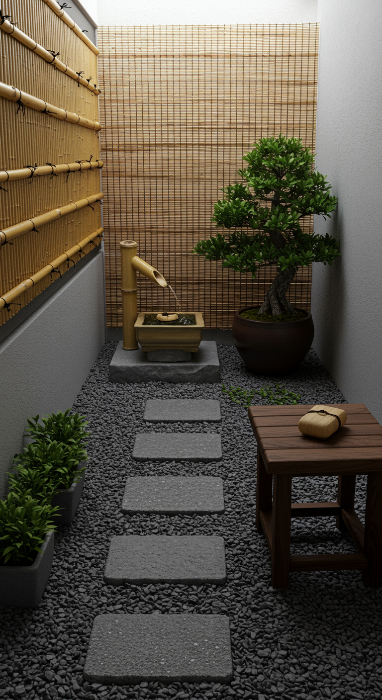 Mini-Balkon im Zen-Garten-Stil mit Kies, Trittsteinen, Bonsai und Bambus-Wasserspiel.
