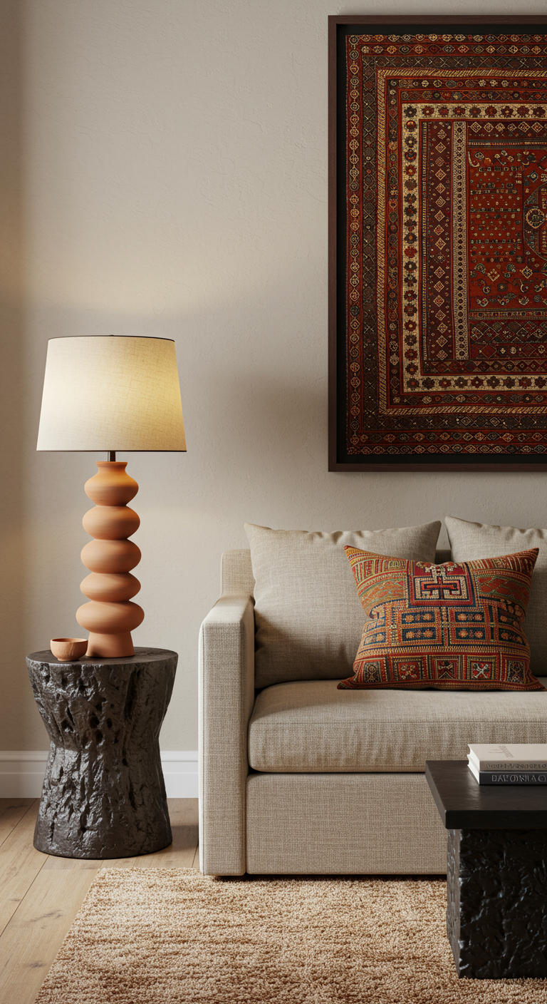 Wohnzimmerdetail mit beigem Sofa, Ethno-Kissen und einer Keramiklampe auf dunklem Holztisch.