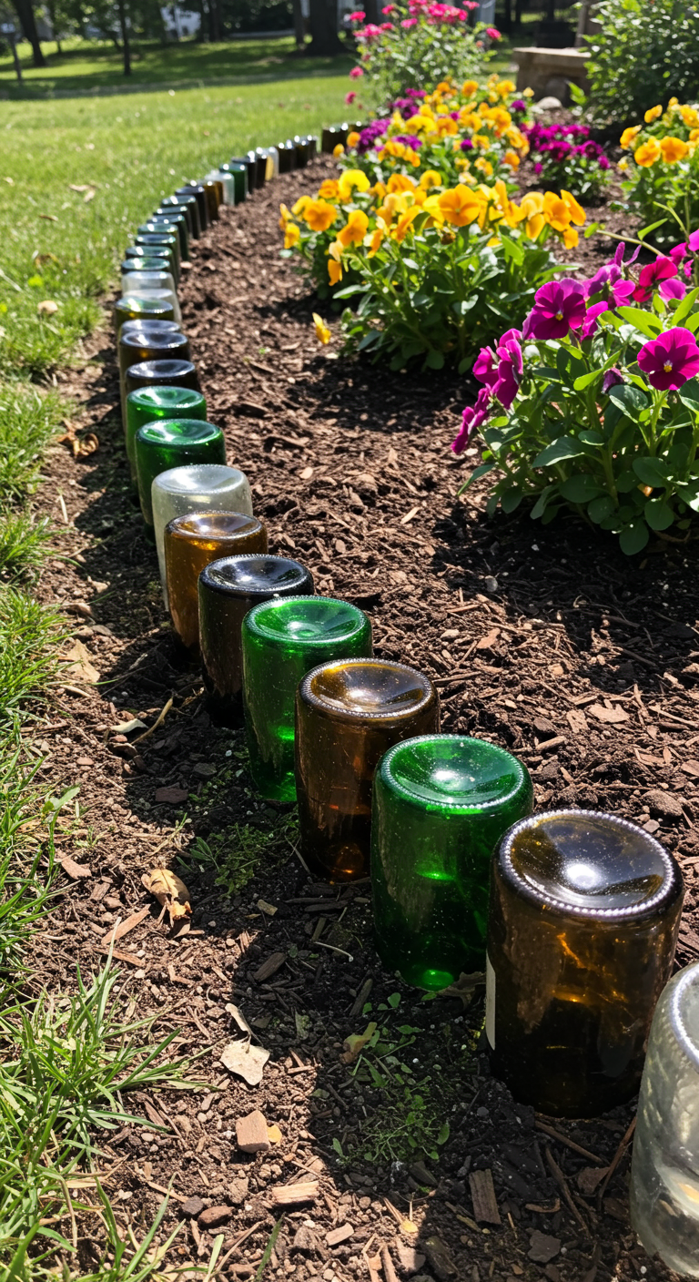 Bunte Weinflaschenböden ragen aus der Erde und bilden eine Kante für ein Blumenbeet
