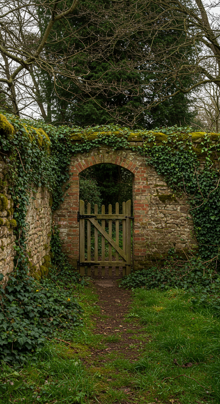 Alte, efeubewachsene Backsteinmauer mit einem Holztor als Gartengrenze.
