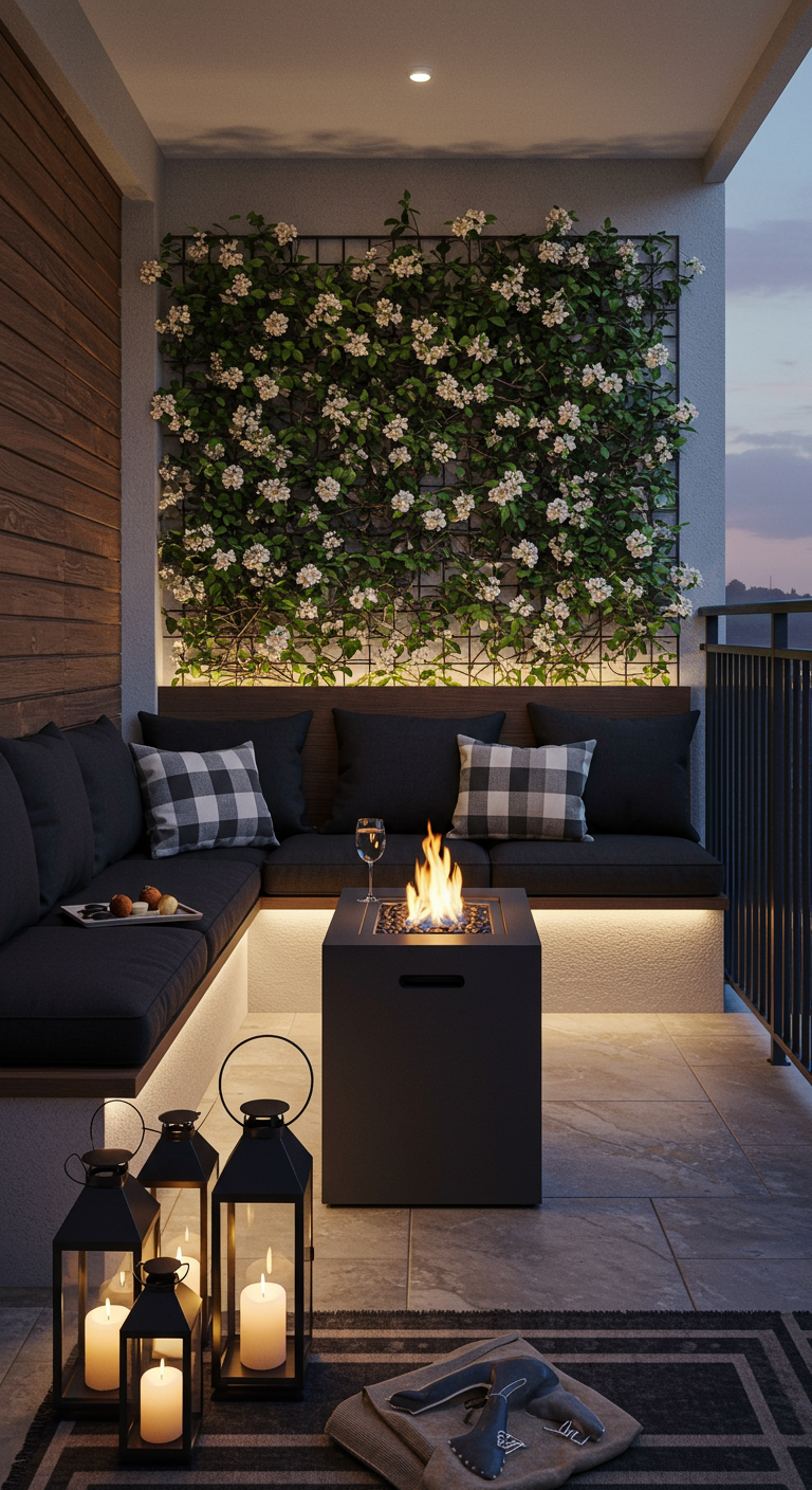 Moderne Balkon-Sitzecke mit eingebauter Bank, quadratischer Feuerstelle, Laternen und Pflanzenwand.