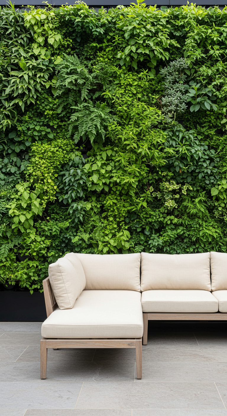 Helles Ecksofa steht vor einer großen, üppig begrünten vertikalen Pflanzenwand.