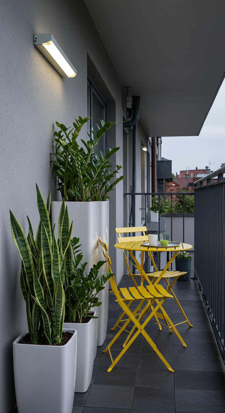 Moderne weiße Pflanzkübel mit Bogenhanf und Zamioculcas neben einem gelben Bistro-Set.