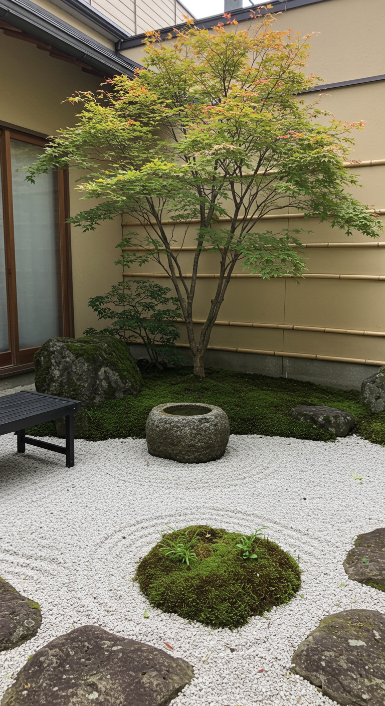 Kleiner japanischer Zen-Garten mit geharktem Kies, Felsen, Moos und Ahornbaum.