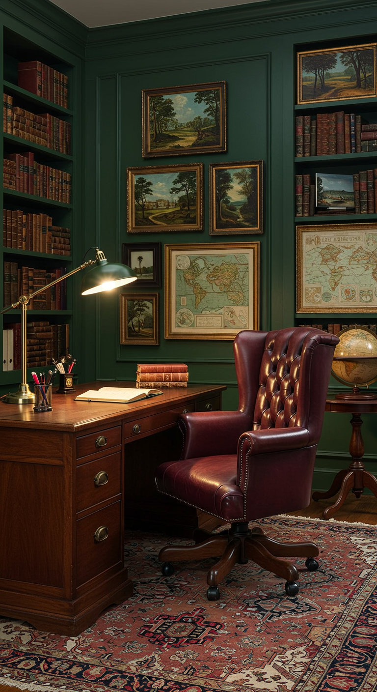 Dunkelgrünes, klassisches Arbeitszimmer mit Holzschreibtisch, Ledersessel und Bücherregalen.