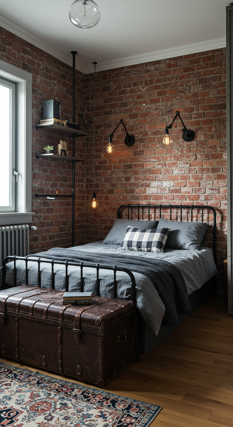Schlafzimmer im Industrial-Stil mit Ziegelwand und Metallbett.