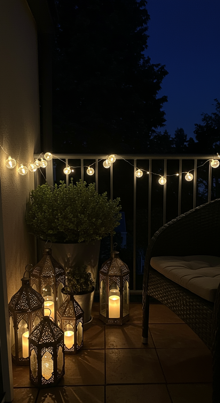 Balkon bei Nacht mit vielen orientalischen Laternen mit Kerzen und einer Lichterkette.