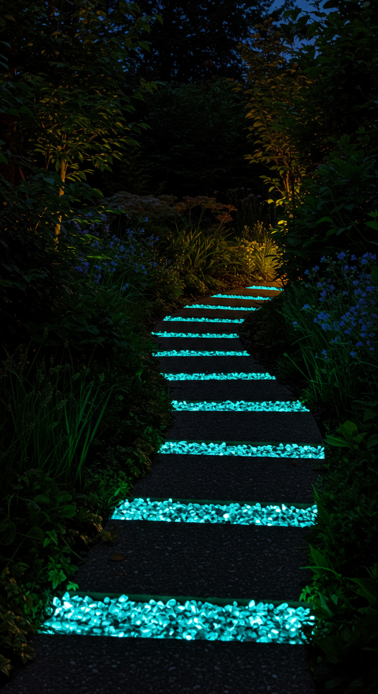 Gartenweg bei Nacht mit Streifen aus blau leuchtenden Steinen zwischen dunklen Pflanzen.