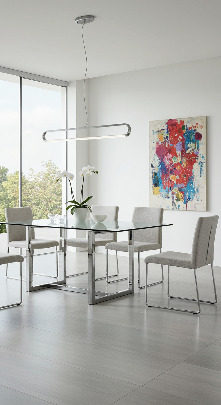 Modernes Esszimmer mit Glastisch, grauen Stühlen und großer Kunst