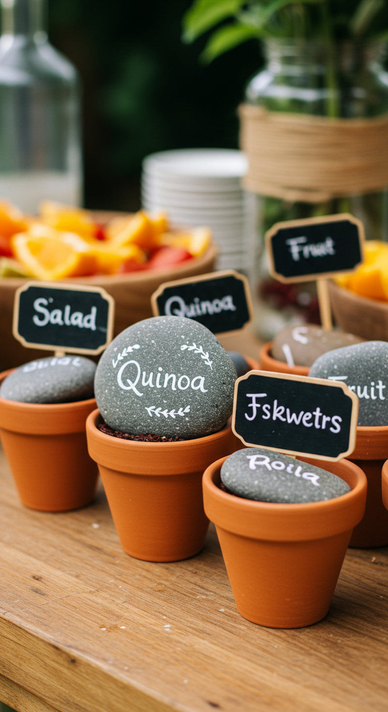 Glatte, graue Steine, bemalt mit weißen Namen von Speisen (z.B. Quinoa, Fruit), stehen in kleinen Tontöpfen.