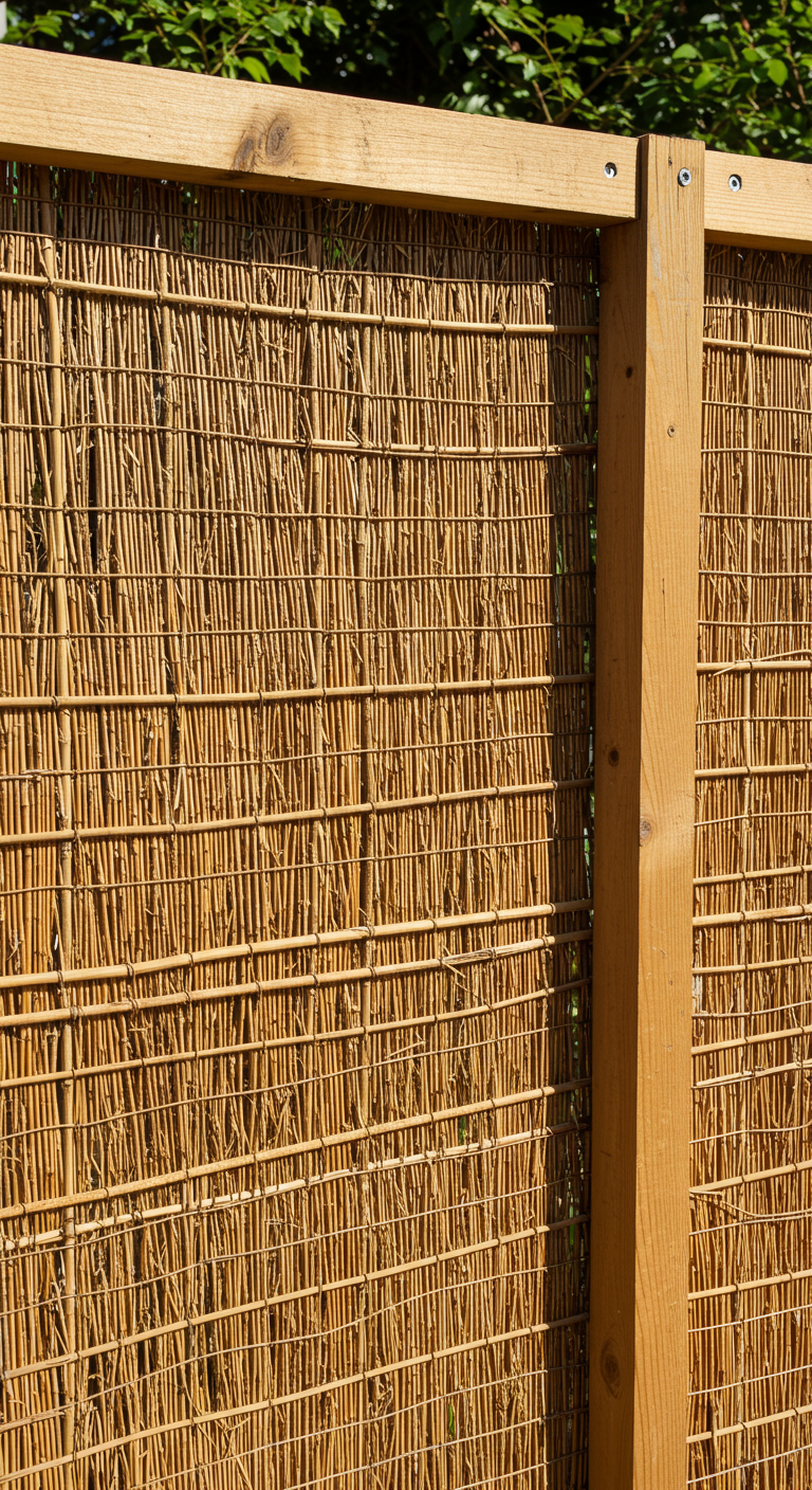 Sichtschutz aus Schilfrohrmatten, befestigt an einem Holzrahmen im Garten.