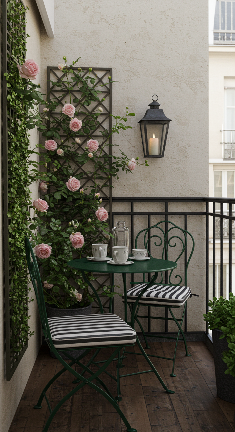 Dunkelgrünes Bistroset auf kleinem Balkon mit Kletterrosen an Rankgitter und Laterne.