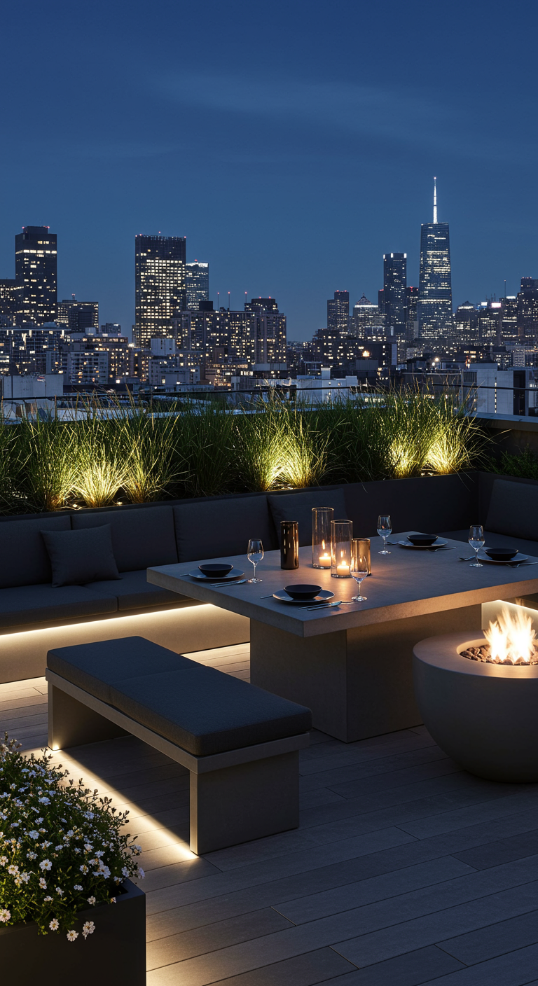 Moderne Dachterrasse mit Loungemöbeln, Feuerschale und beleuchtetem Esstisch bei Nacht.