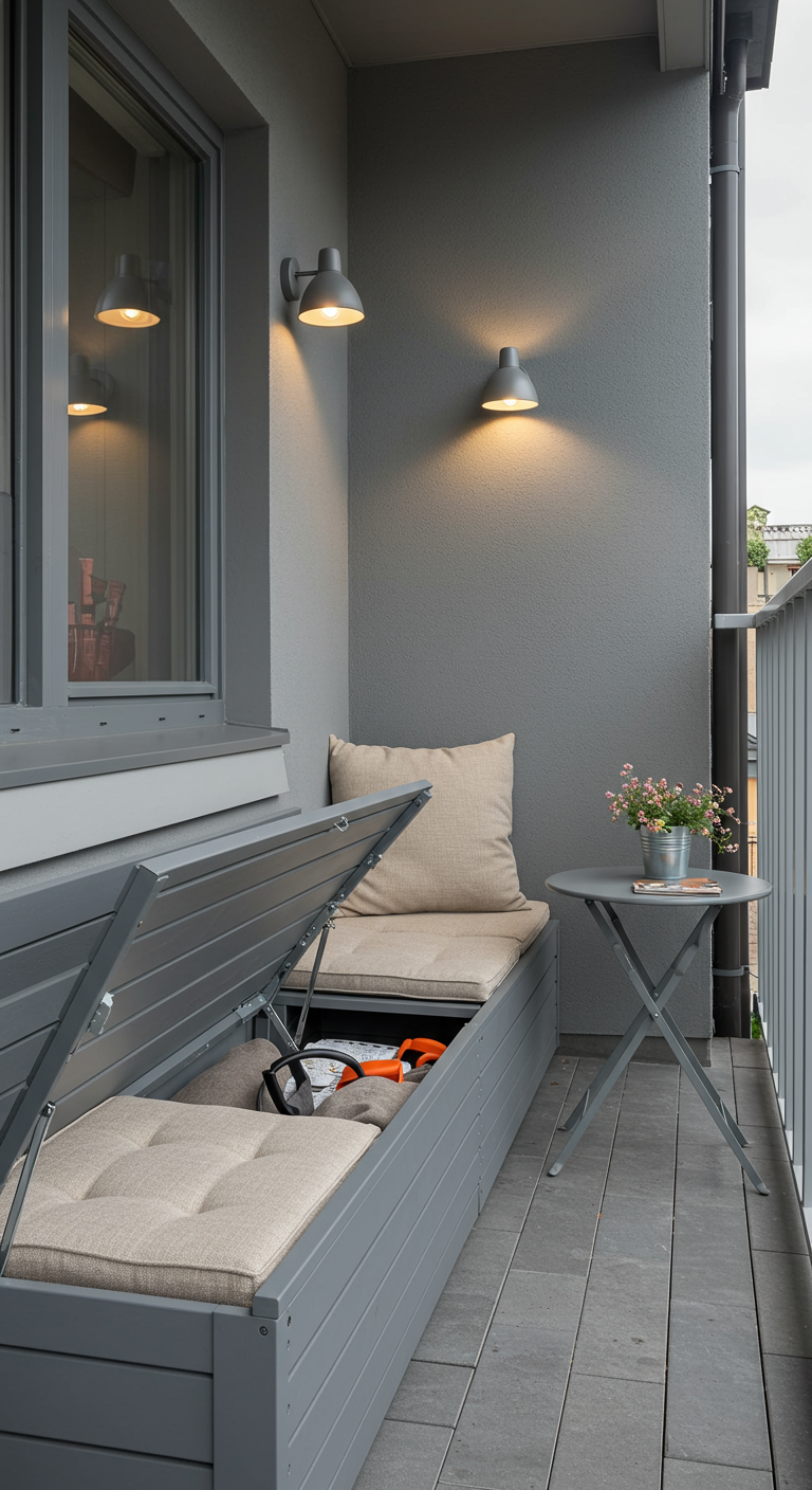 Graue Sitzbank auf Balkon mit aufklappbarem Deckel für Stauraum, beige Polster.
