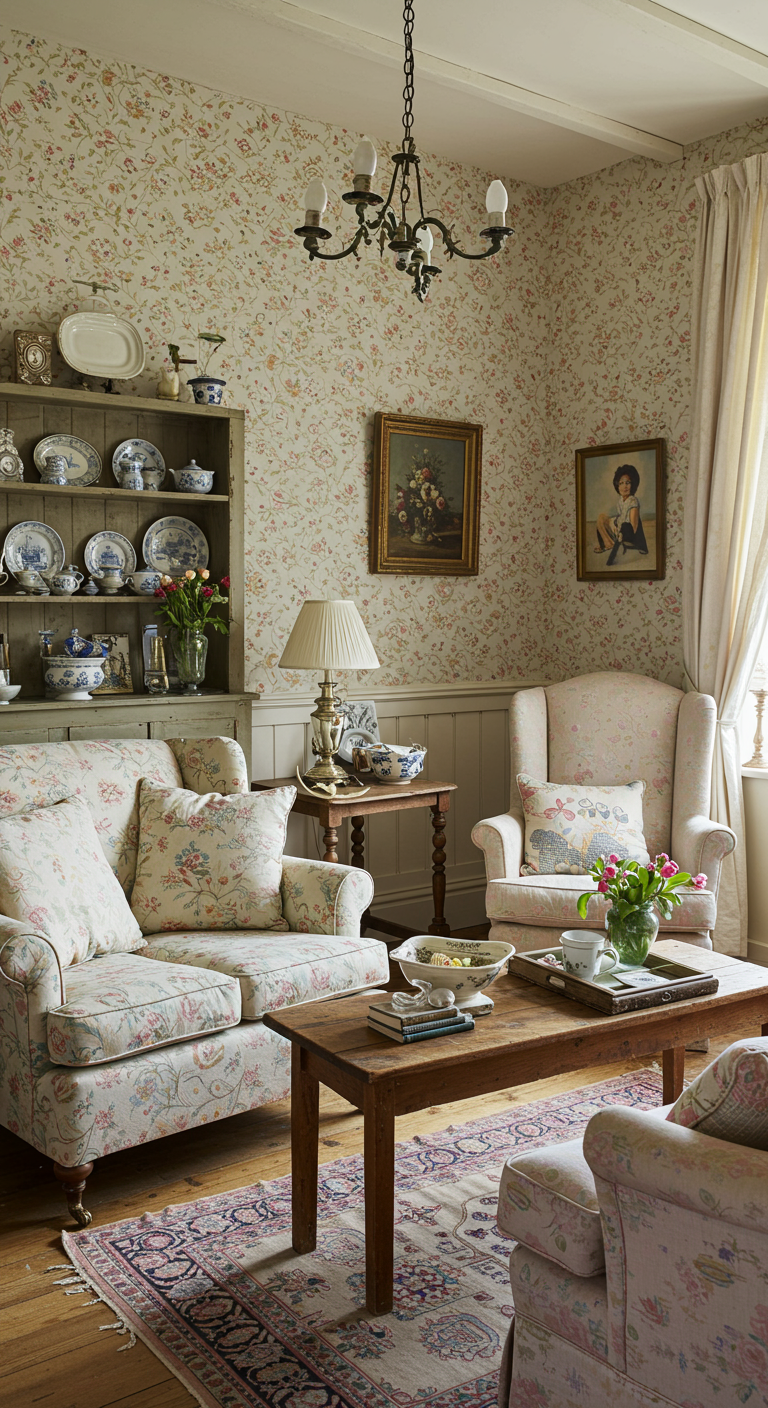 Vintage-Wohnzimmer mit Blümchen
