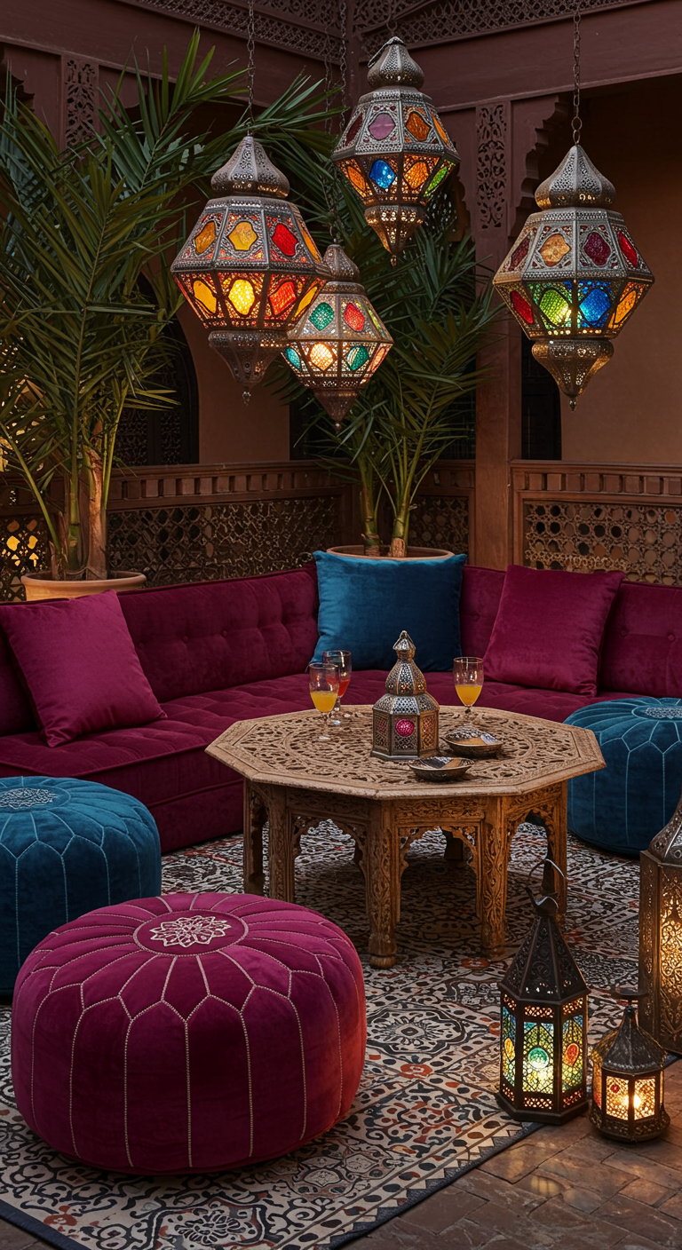 Orientalisch gestalteter Loungebereich mit roten Sofas, bunten Laternen und Mustern.