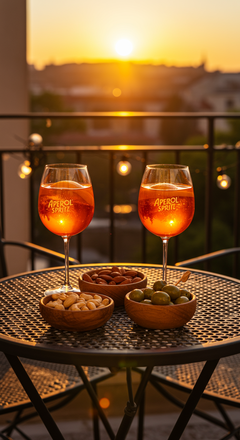 Zwei Gläser Aperol Spritz mit Nussschalen auf einem Balkontisch bei Sonnenuntergang.