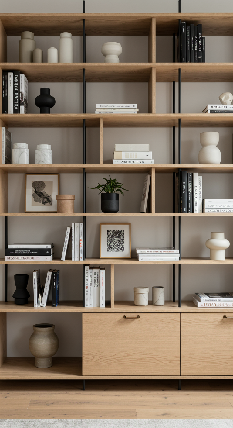 Modernes Bücherregal aus Holz und Metall, luftig bestückt mit Büchern und Dekoration.