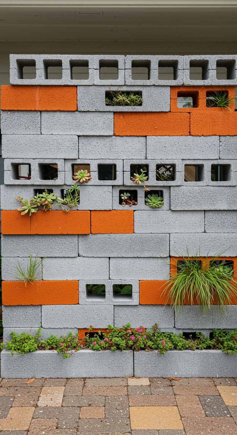 Kreative Gartenmauer aus Beton-Pflanzsteinen, teilweise bepflanzt mit Sukkulenten.