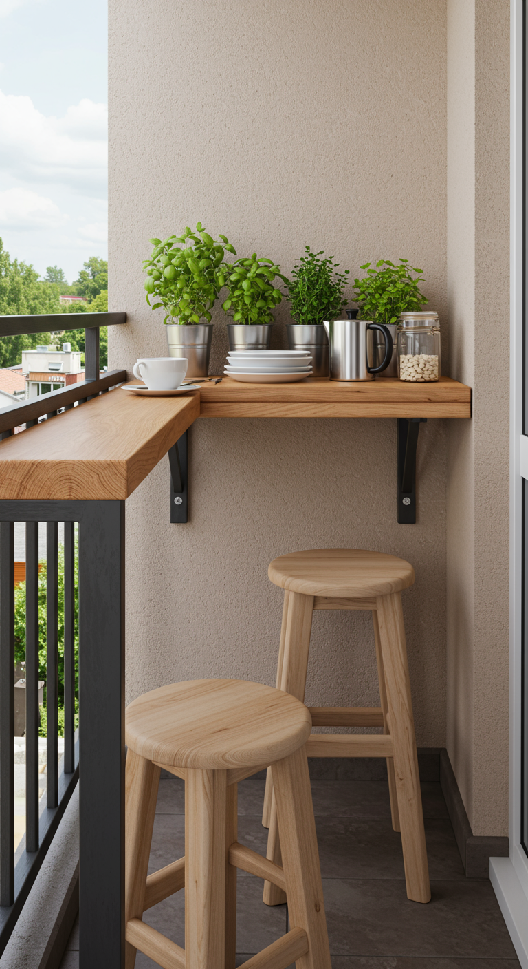 Schmale Frühstücksbar aus Holz an Wand und Geländer befestigt, mit zwei Hockern.