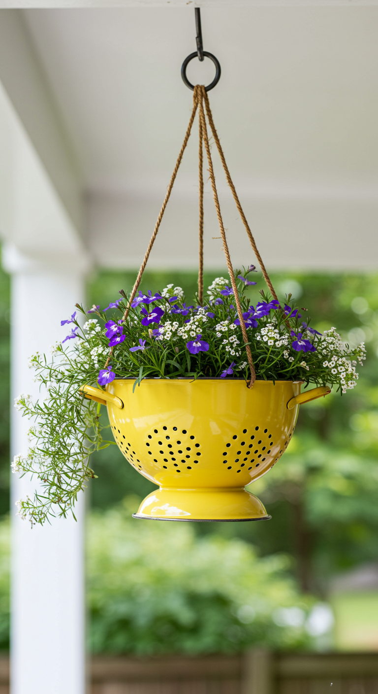 Gelbes Emaille-Küchensieb mit blauen Blumen bepflanzt, hängt als Ampel