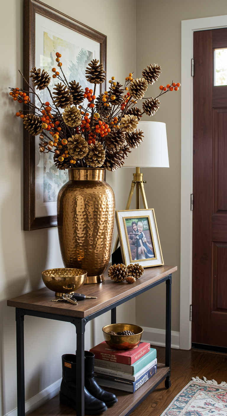 Große goldene Vase auf einer Konsole im Flur, gefüllt mit Tannenzapfen und orangen Beeren.