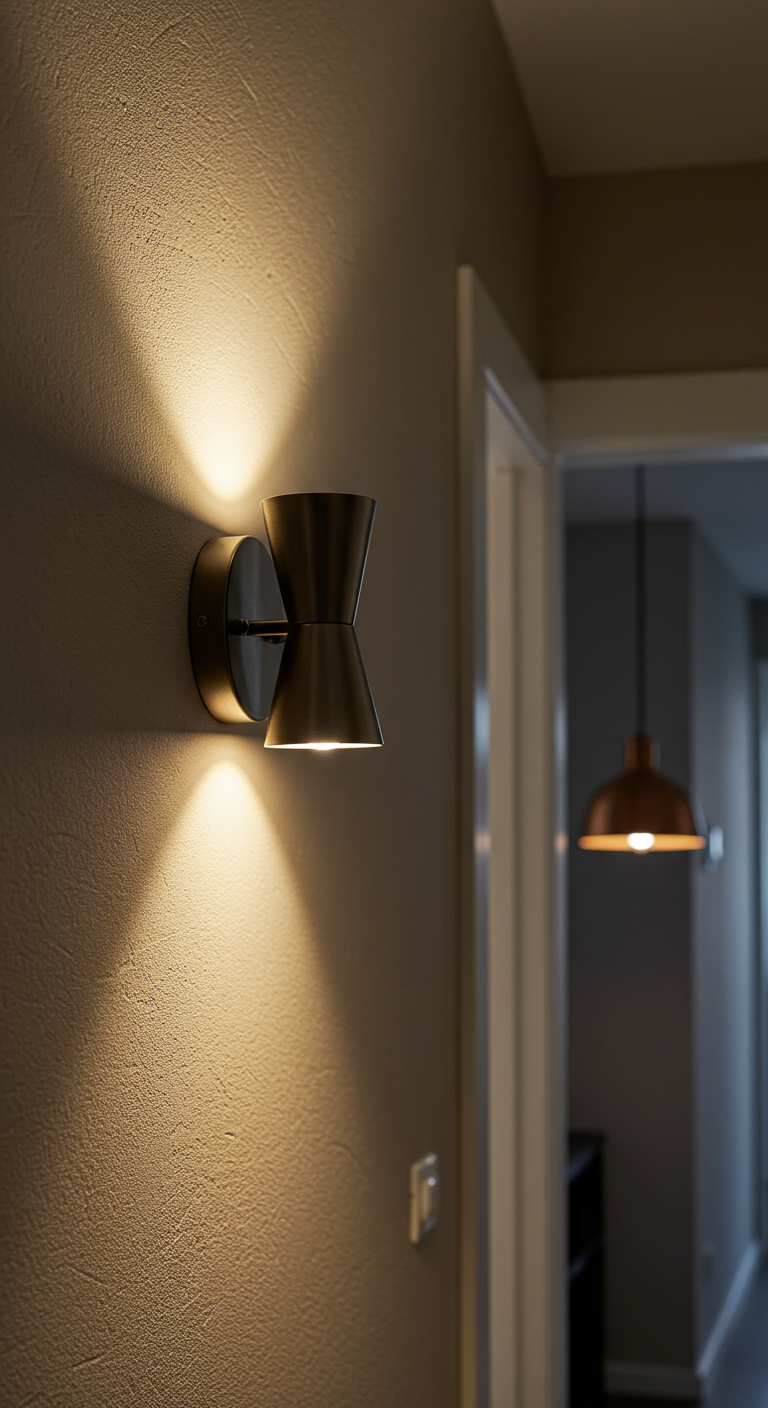 Moderne Wandleuchte aus Metall wirft Lichtkegel nach oben und unten