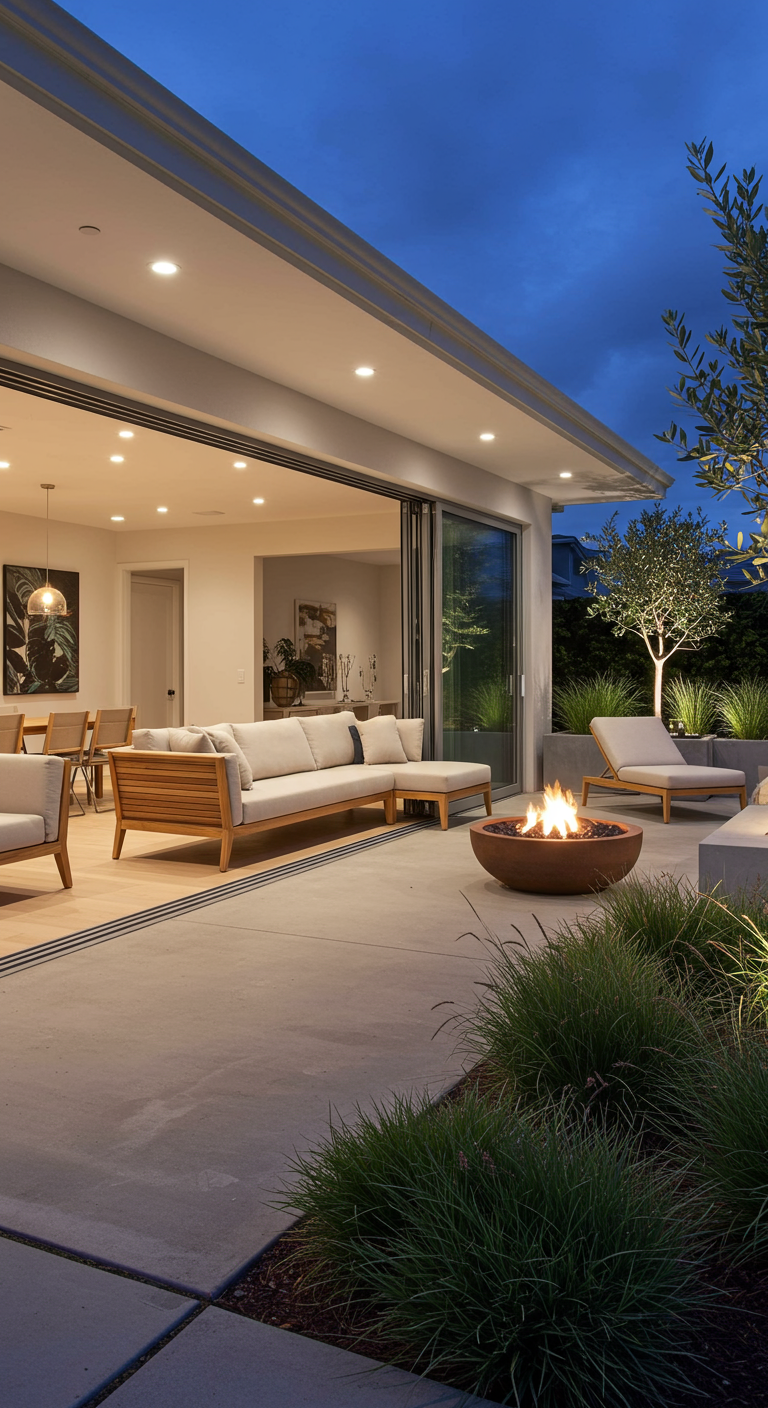 Moderne Terrasse mit Lounge-Möbeln, Feuerschale und offenem Übergang zum Wohnzimmer.