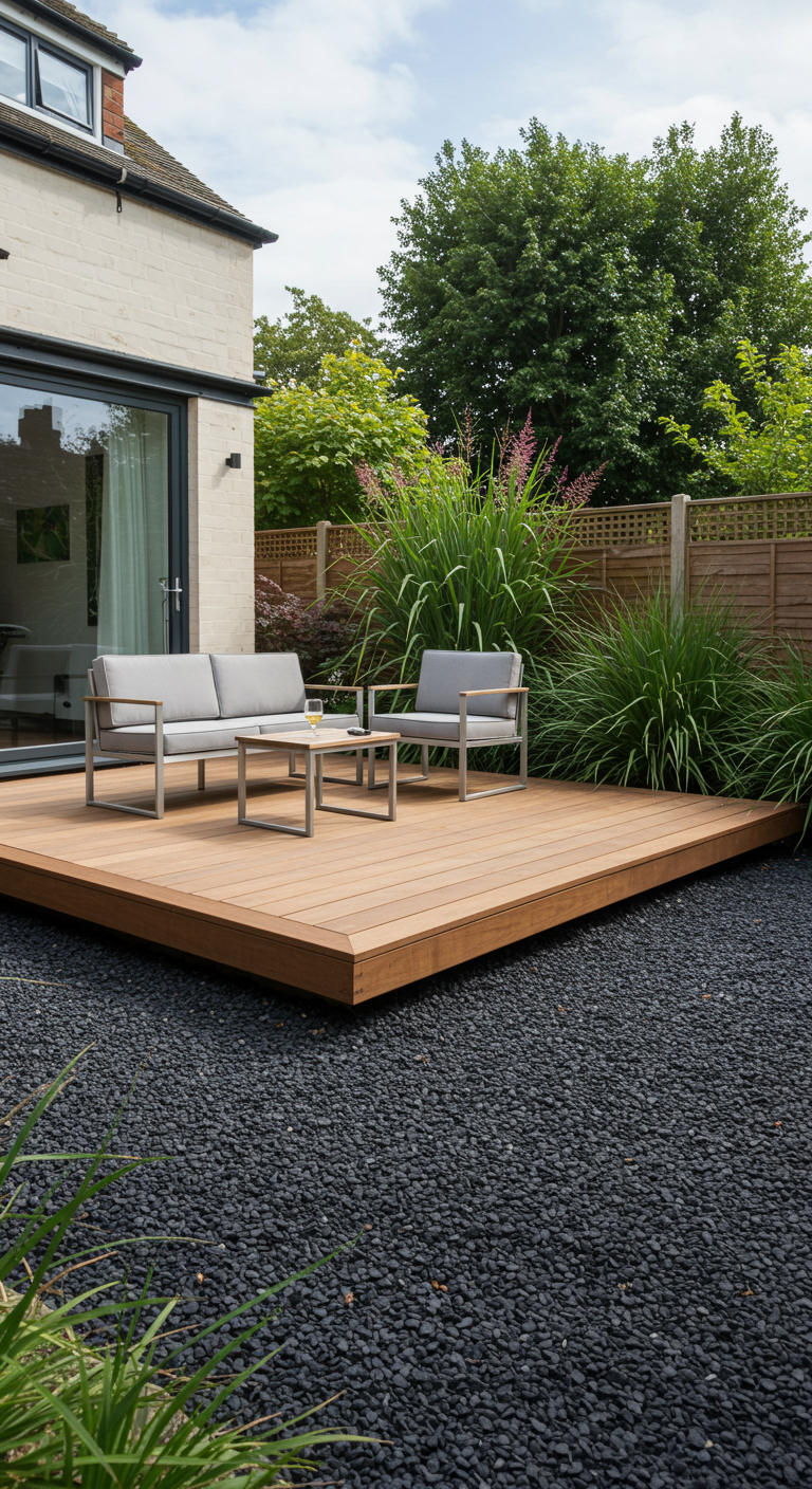 Erhöhtes Holzdeck mit modernen grauen Loungemöbeln auf einem dunklen Kiesbett.