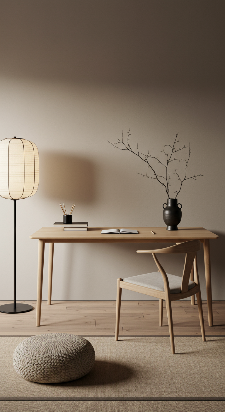 Minimalistisches Home Office im Japandi-Stil mit hellem Holz und Papierleuchte.