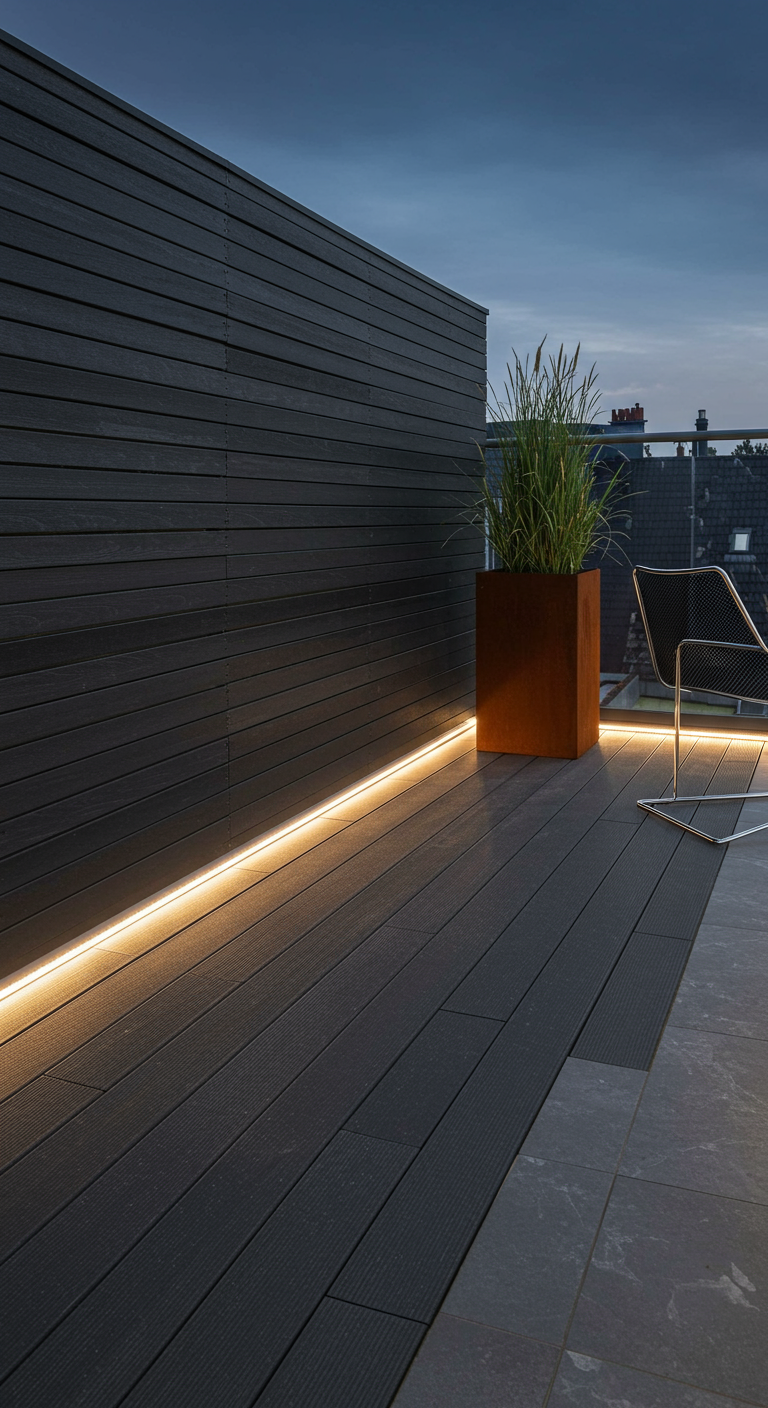 Dunkle, horizontale Holzverkleidung als moderner Sichtschutz auf einer Dachterrasse