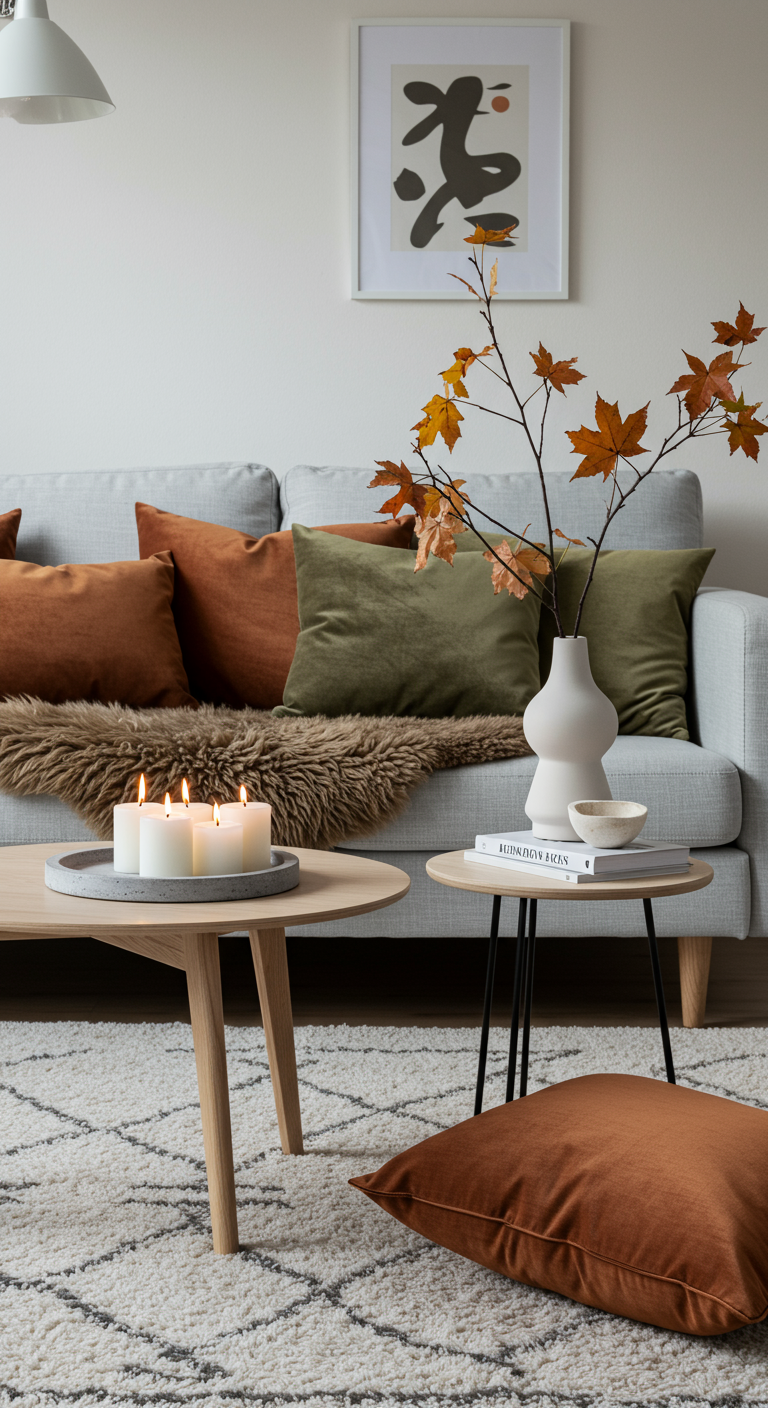 Äste mit bunten Herbstblättern in einer weißen Vase auf einem Couchtisch.
