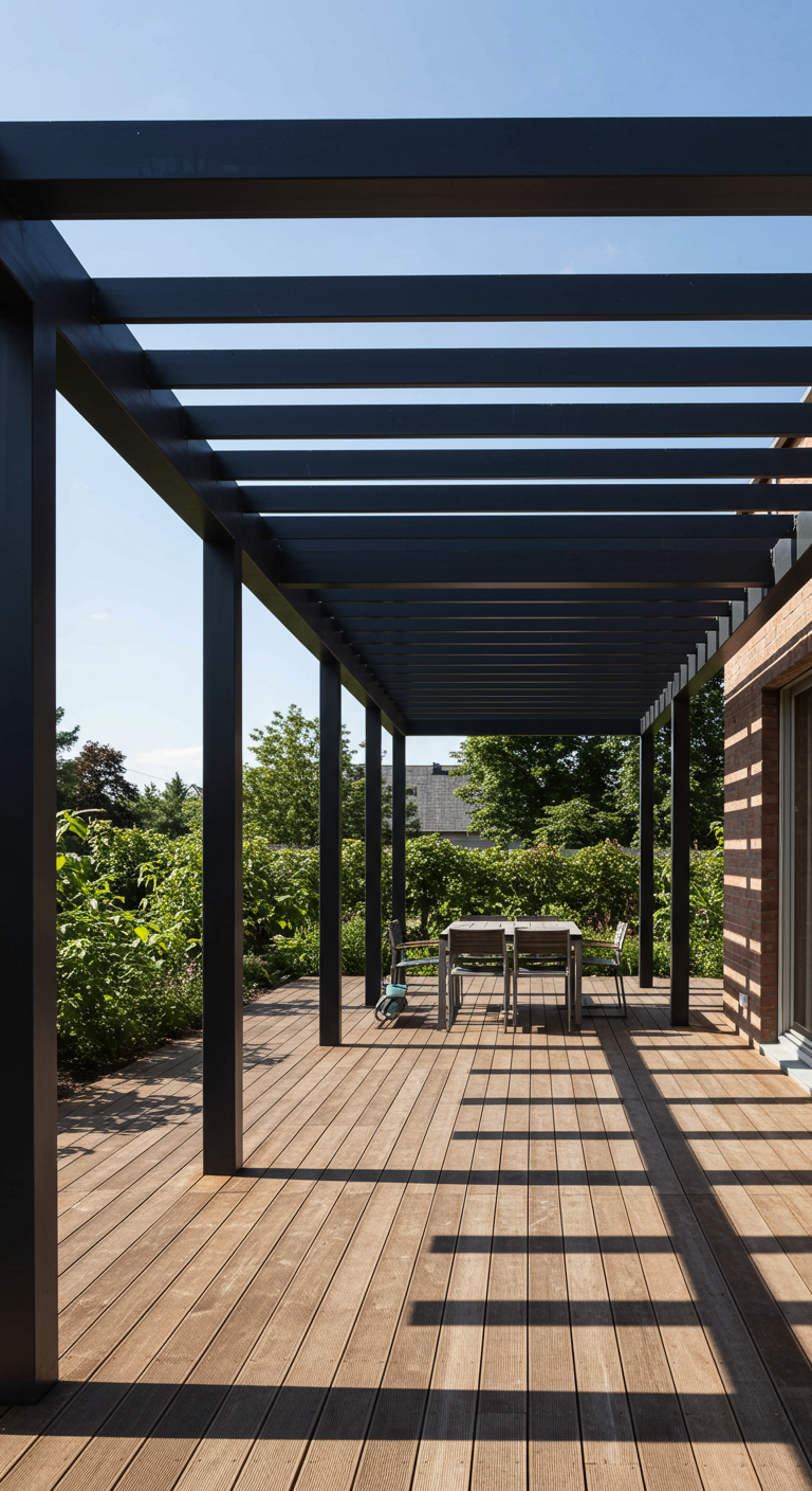 Moderne schwarze Pergola über einer Holzterrasse mit Essbereich