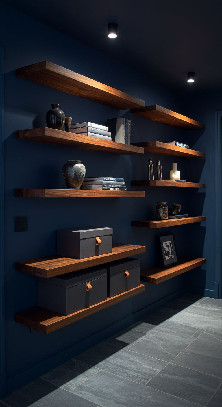 Verschiedene dunkle Holz-Wandregale an einer dunkelblauen Wand mit Büchern und Deko.