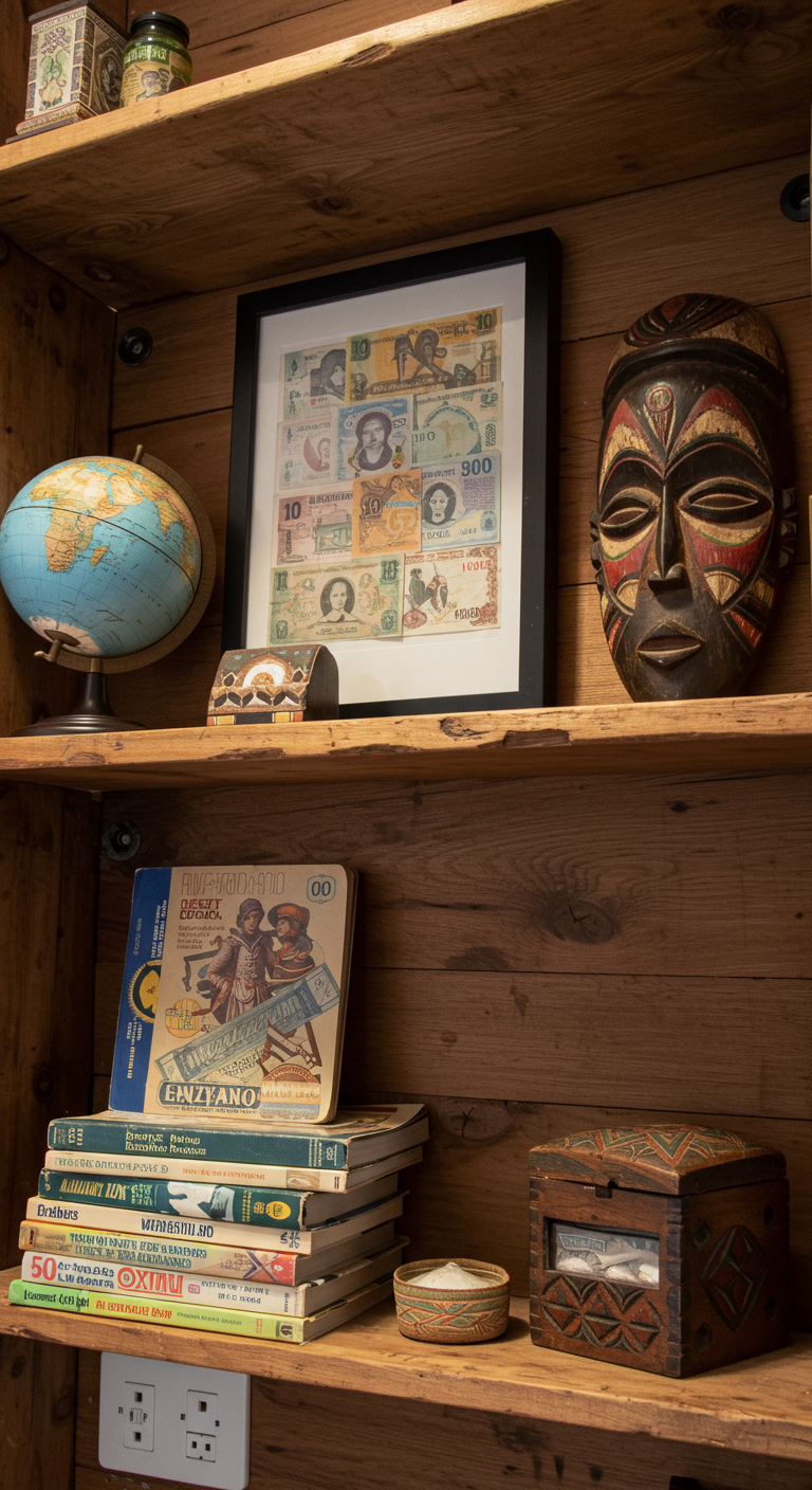 Rustikales Holzregal mit Globus, Maske, gerahmten Geldscheinen und Büchern.