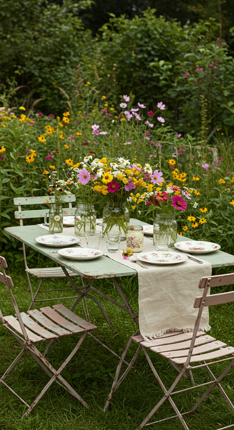 Vintage Gartentisch mit Stühlen inmitten einer bunten Wildblumenwiese, dekoriert mit Wiesenblumen.