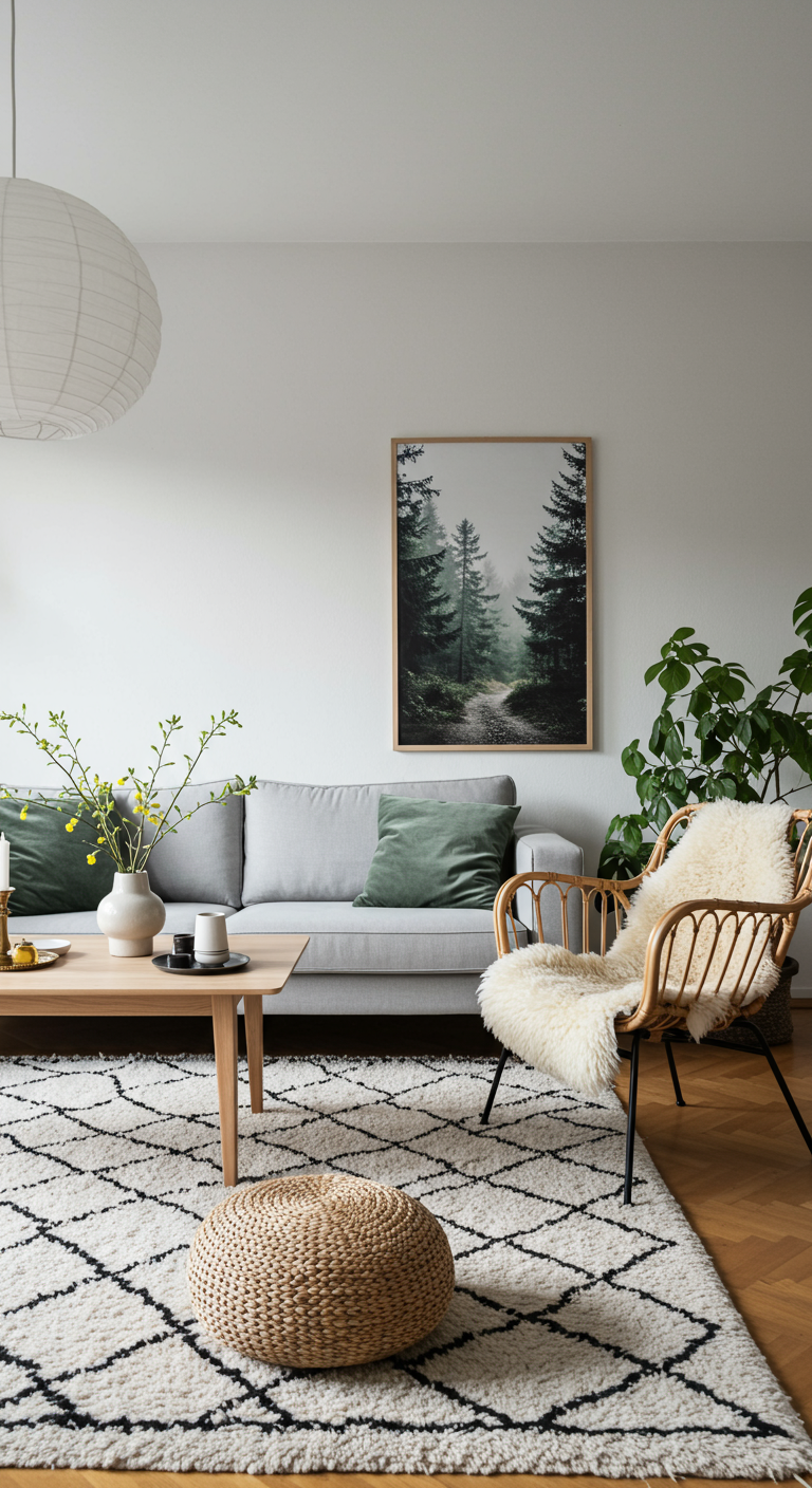 Skandinavisches Wohnzimmer mit grauem Sofa, gemustertem Teppich und Rattansessel.