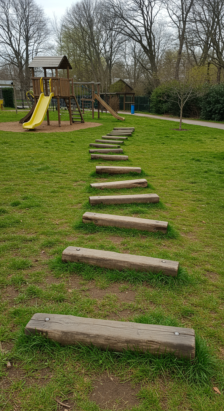 Pfad aus flach im Rasen liegenden Holzbohlen, der zu einem Spielplatz führt.